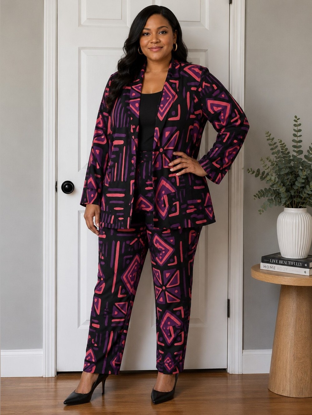 D'lyanu pants Set. Black Geometric Print Women's Blazer - Pink & Purple Pattern